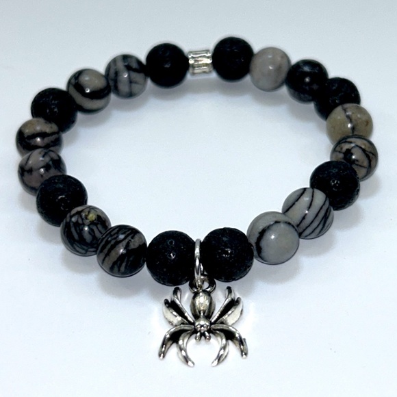 Handmade Halloween Spider Charm Bracelet with Natural Jasper & Lava Rock Stones! - Picture 3 of 8